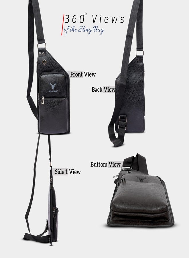 REDHORNS Faux Leather Crossbody Chest Bag For Outdoor Travel Business Cross Body Shoulder Backpack Fashion Sling Bag for Men and Women with Earphone Hole (Black) - Image 5