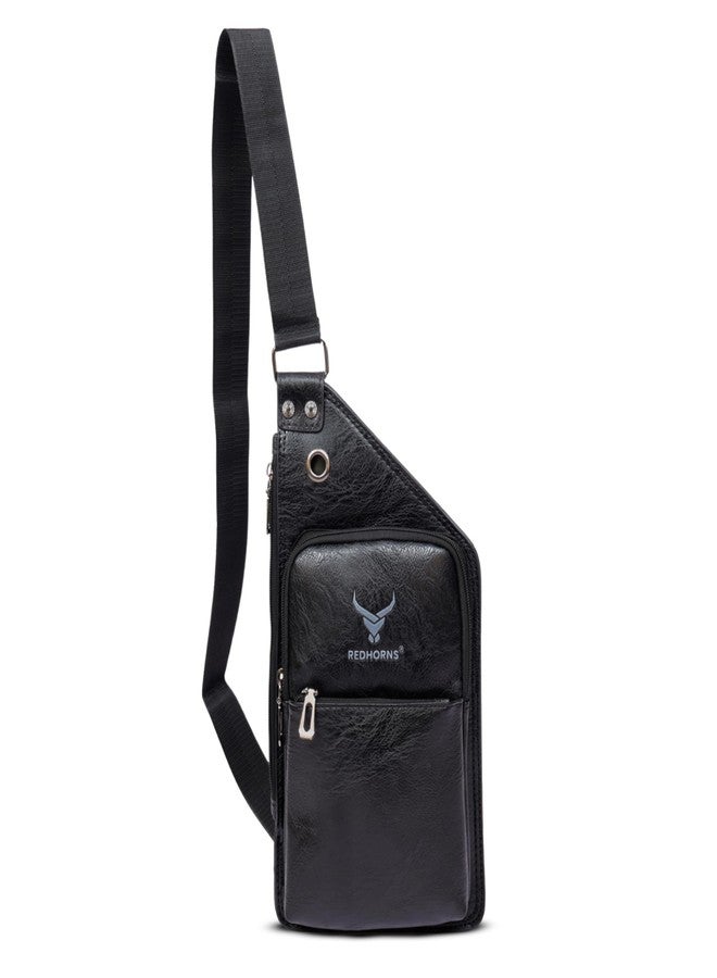 REDHORNS Faux Leather Crossbody Chest Bag For Outdoor Travel Business Cross Body Shoulder Backpack Fashion Sling Bag for Men and Women with Earphone Hole (Black) - Image 1