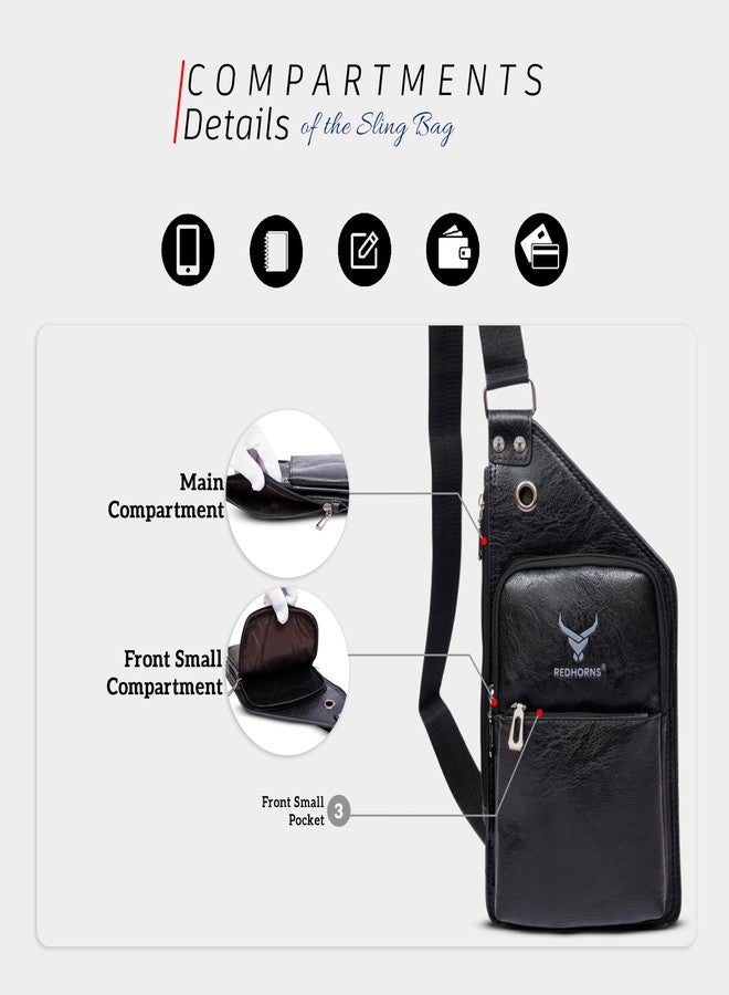 REDHORNS Faux Leather Crossbody Chest Bag For Outdoor Travel Business Cross Body Shoulder Backpack Fashion Sling Bag for Men and Women with Earphone Hole (Black) - Image 4