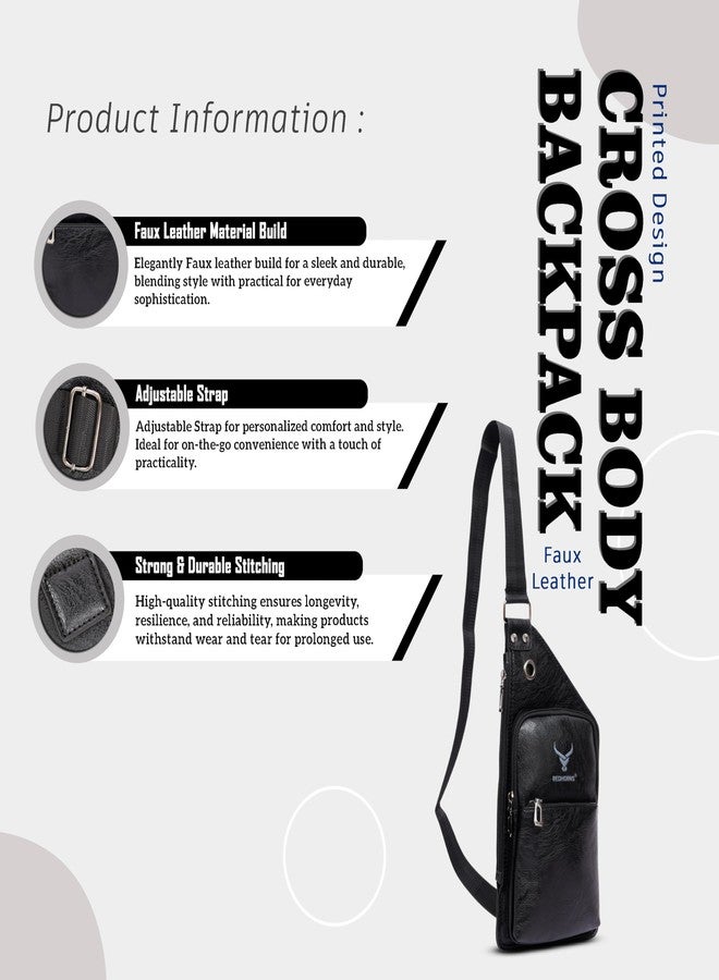 REDHORNS Faux Leather Crossbody Chest Bag For Outdoor Travel Business Cross Body Shoulder Backpack Fashion Sling Bag for Men and Women with Earphone Hole (Black) - Image 2