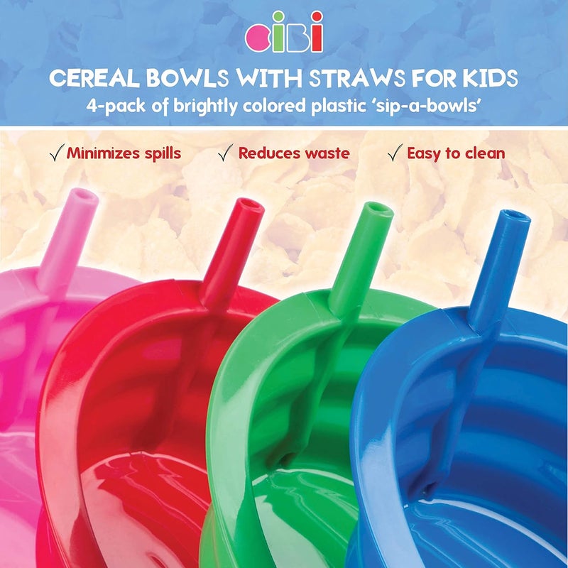 Cibi Cereal Bowls with Straws for Kids BPA-Free Plastic | Toddler Sip-A-Bowls with Built-In Straw for Cereal and Soup | Set of 4 Colorful Breakfast Bowls… - Image 2