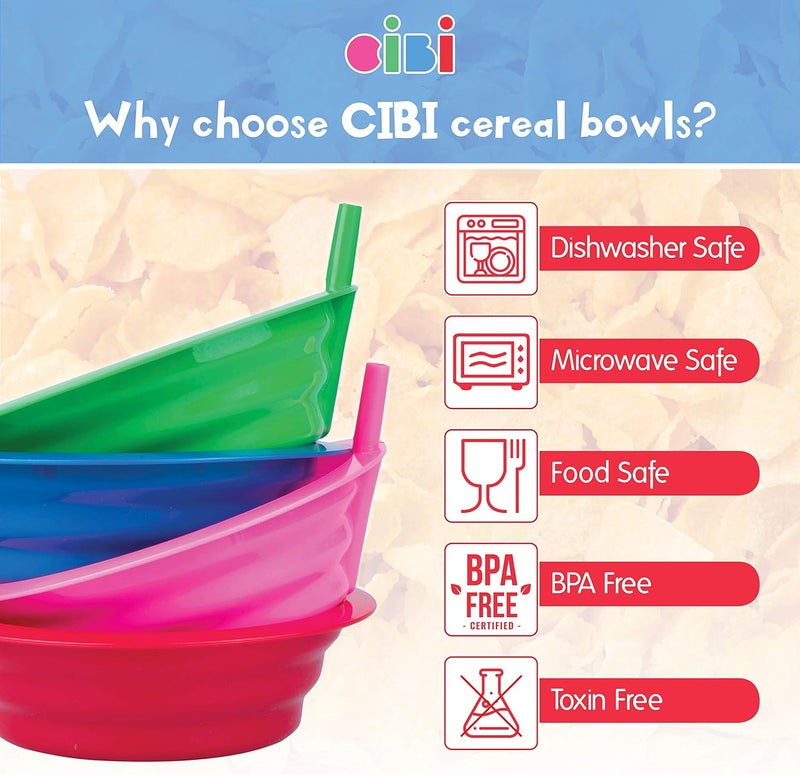 Cibi Cereal Bowls with Straws for Kids BPA-Free Plastic | Toddler Sip-A-Bowls with Built-In Straw for Cereal and Soup | Set of 4 Colorful Breakfast Bowls… - Image 3