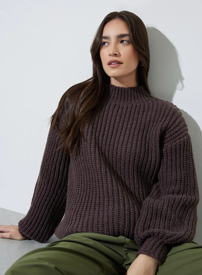 ستايلي Coffee Brown High Neck Chunky Knit Sweater