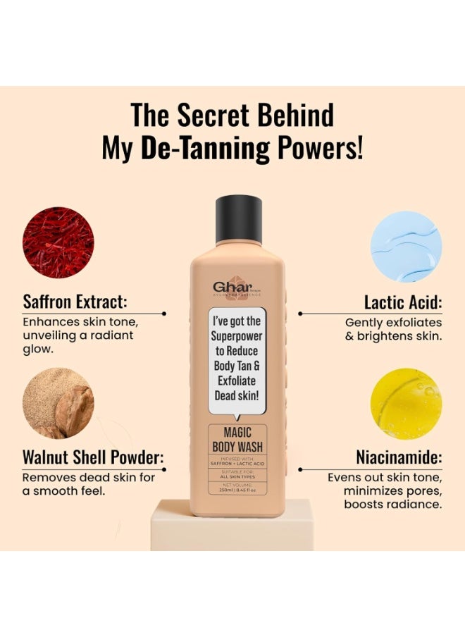 GHAR SOAP Ghar Soaps Magic De-Tan body wash for tan removal | Exfoliating Body Wash with Saffron, Lactic Acid & Niacinamide | Detan body wash | Removes Tan & Helps in Skin Lightening | Paraben & SLS Free 250ml  - Image 3