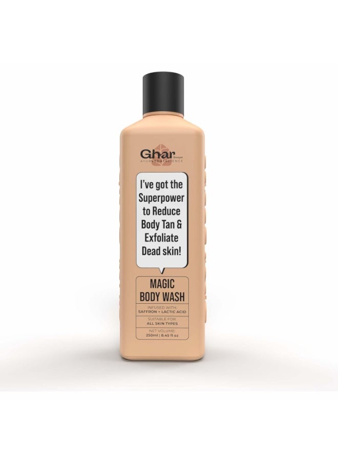 GHAR SOAP Ghar Soaps Magic De-Tan body wash for tan removal | Exfoliating Body Wash with Saffron, Lactic Acid & Niacinamide | Detan body wash | Removes Tan & Helps in Skin Lightening | Paraben & SLS Free 250ml  - Image 1