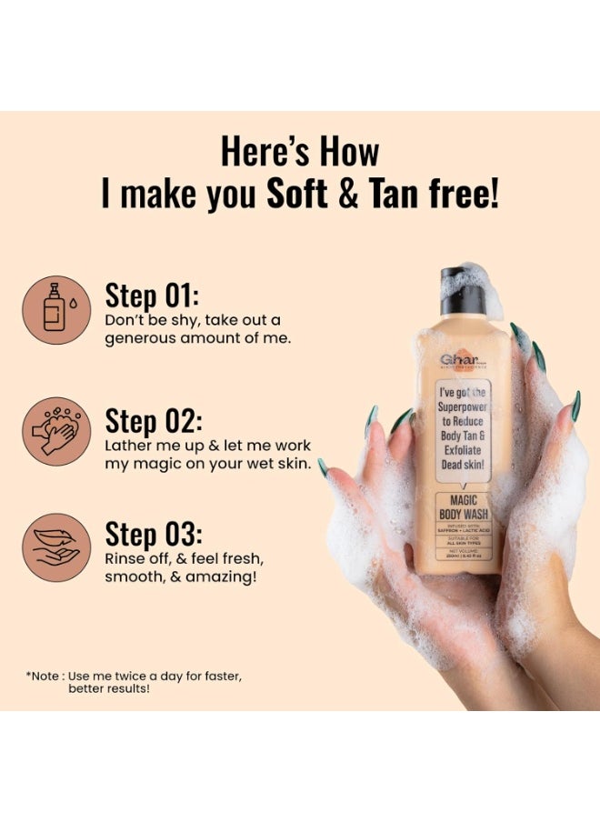 GHAR SOAP Ghar Soaps Magic De-Tan body wash for tan removal | Exfoliating Body Wash with Saffron, Lactic Acid & Niacinamide | Detan body wash | Removes Tan & Helps in Skin Lightening | Paraben & SLS Free 250ml  - Image 2