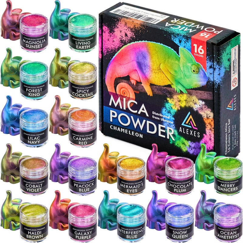 ALEXES Chameleon Mica Powder for Epoxy Resin  Holographic Mica Powder  Epoxy Resin Pigment Powder  16 Colors Soap Making Dye Set