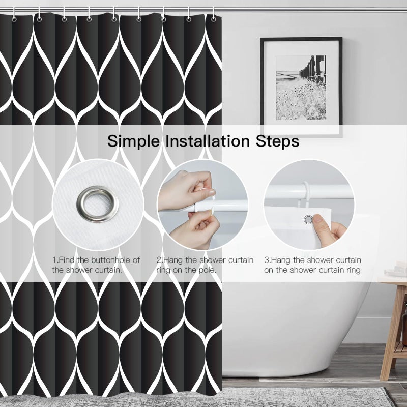 Gelbchu Black 72 x 72 Inch Cloth Shower Curtain  Waterproof Design and Polyester  Quick-Drying  Heavy Duty Shower Curtains Set for Bathroom  Machine Washable with 12 Plastic Hooks - Image 3