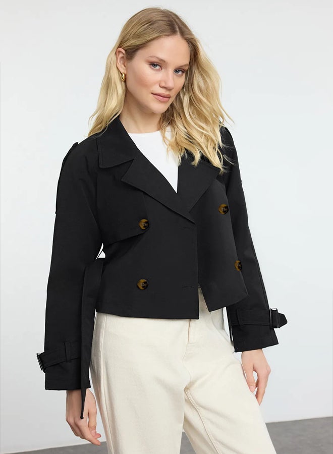 trendyol معطف ترينش قصير عادي مقاوم للماء الأسود - Image 1