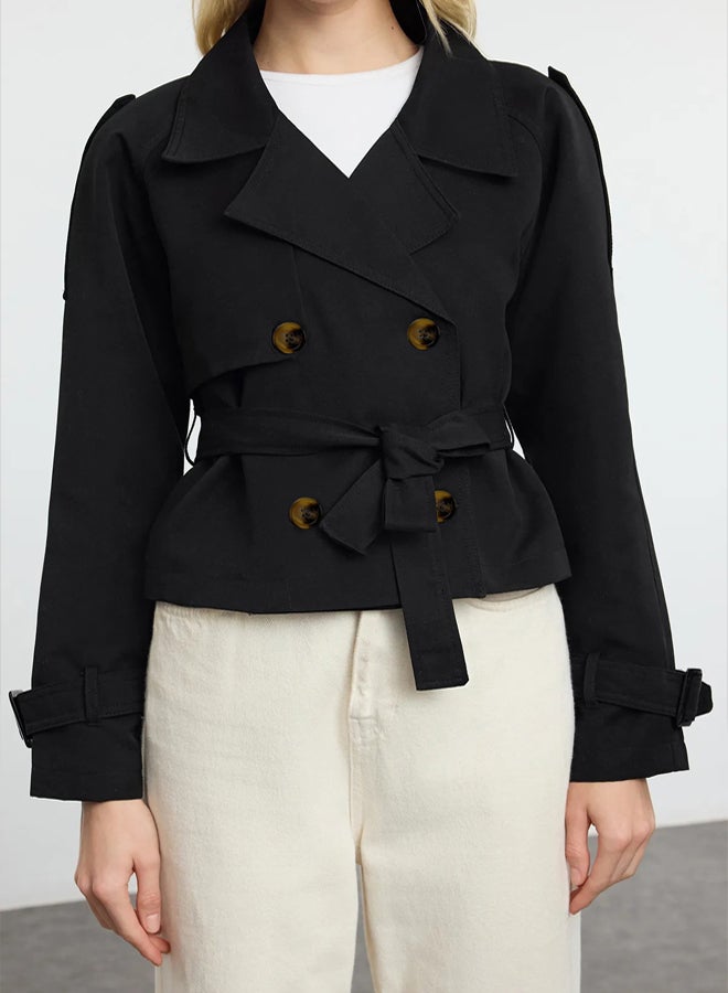 trendyol معطف ترينش قصير عادي مقاوم للماء الأسود - Image 3