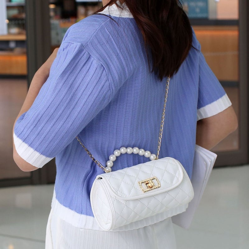 Sweet Rhombus Embroidered Pillow Bag Trendy Pearl Handle Chain Shoulder Bag Mini Portable Mobile Phone Bag Shoulder Bag Batch - Image 3