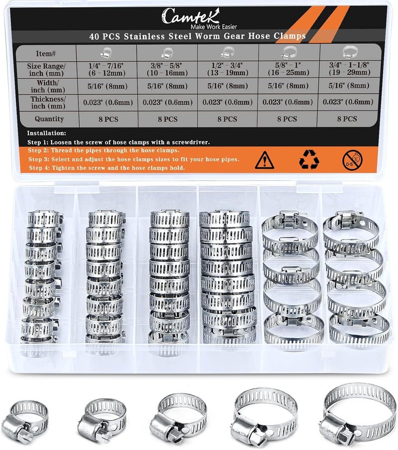 Camtek 40PCS Hose Clamps, Stainless Steel Adjustable 6-29mm Range Worm Gear Hose Duct Pipe Fuel Line Clamp Assortment Kit for Plumbing, Automotive and Mechanical Applications - Image 1