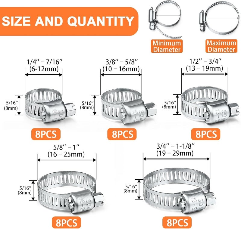 Camtek 40PCS Hose Clamps, Stainless Steel Adjustable 6-29mm Range Worm Gear Hose Duct Pipe Fuel Line Clamp Assortment Kit for Plumbing, Automotive and Mechanical Applications - Image 2
