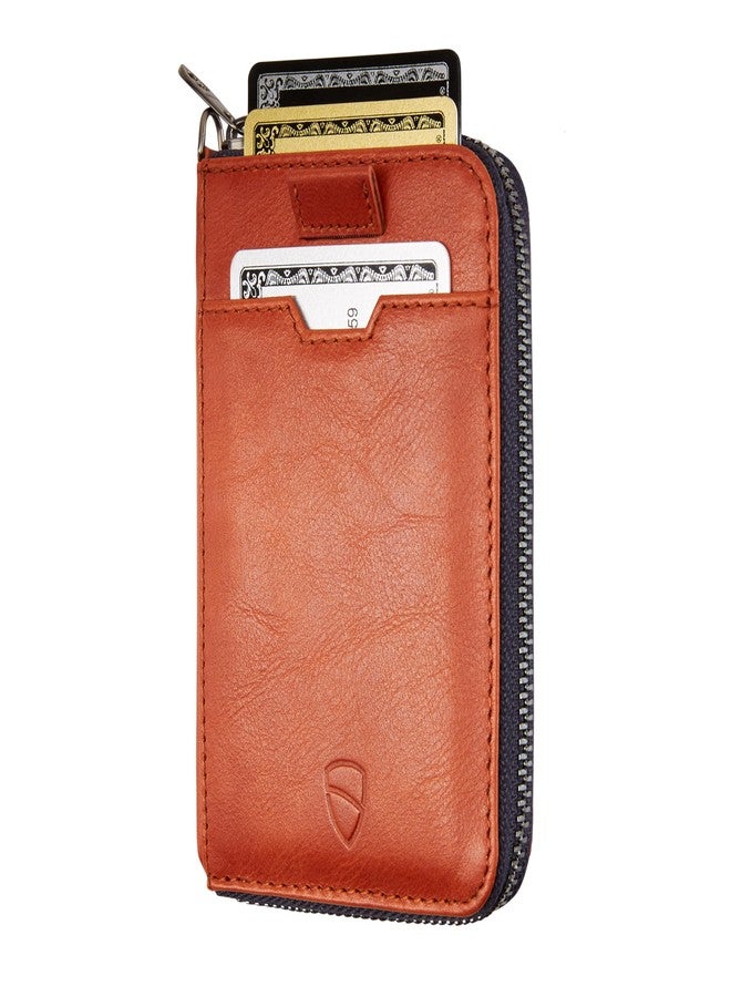 Vaultskin NOTTING HILL Minimalist Leather Zipper Wallet for Women and Men: Slim Multi Cardholder with RFID Blocking and Keychain Ring (Cognac) - Image 1
