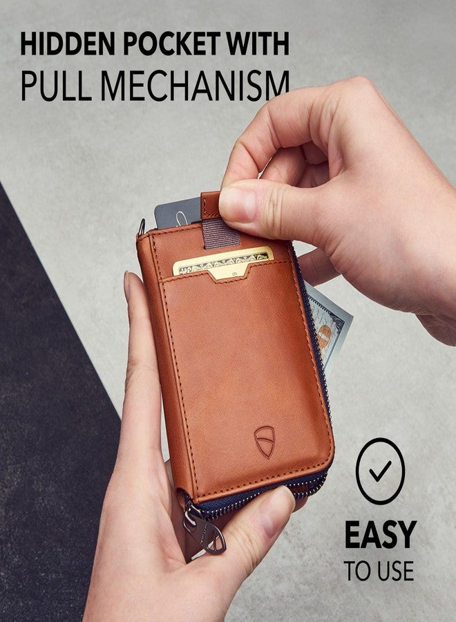 Vaultskin NOTTING HILL Minimalist Leather Zipper Wallet for Women and Men: Slim Multi Cardholder with RFID Blocking and Keychain Ring (Cognac) - Image 2