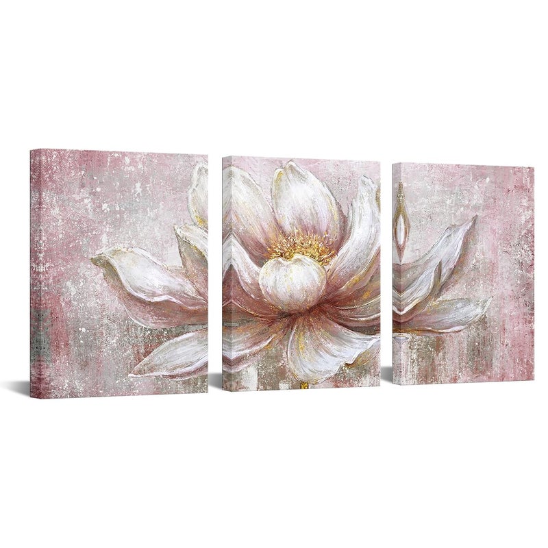 iKNOW FOTO iKNOW FOTO Pink Gold Lotus Canvas Set of 3 Wall Art Framed Flowers Paintings Wall Pictures Abstract Artwork Painting for Bedroom Office Home Decor Ready to Hang 12x16 Each 