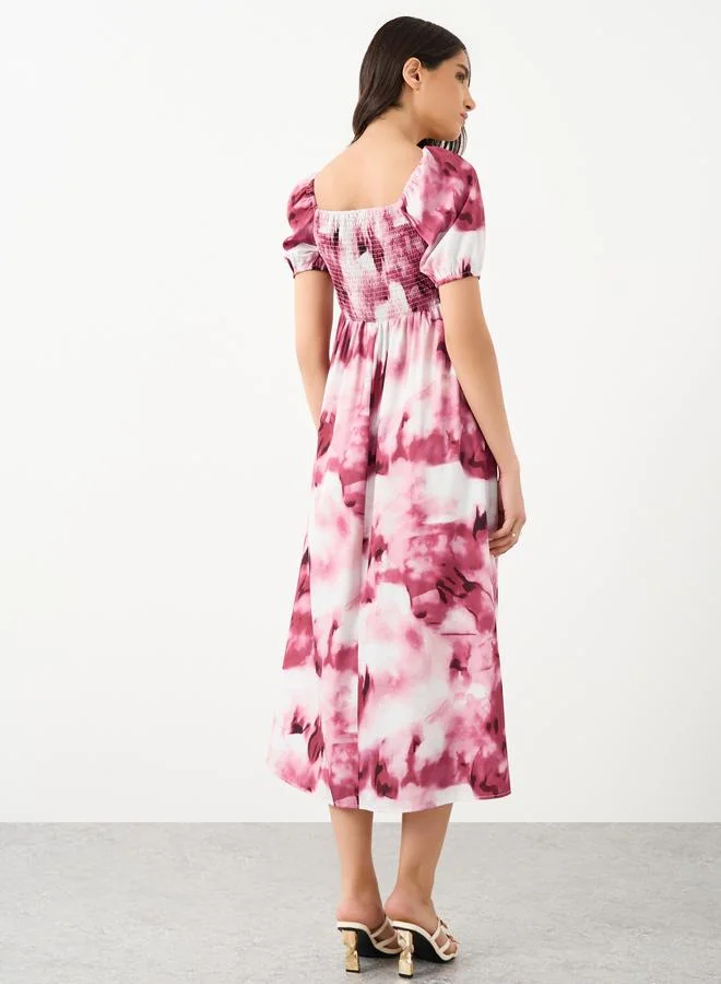 Take Two Take Two All-Over Printed Smocking Detail Midi Dress