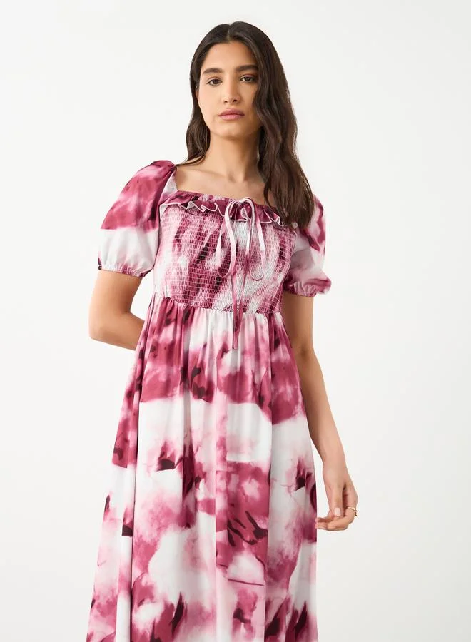 Take Two Take Two All-Over Printed Smocking Detail Midi Dress