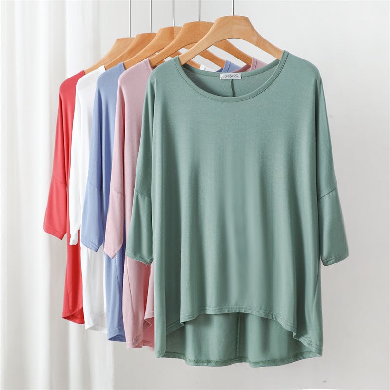 Summer Seven-Point Sleeve T-Shirt Women'S Modal Thin Front Short Rear Long Bat Sleeve Large Size Top Pullover Base - Image 2