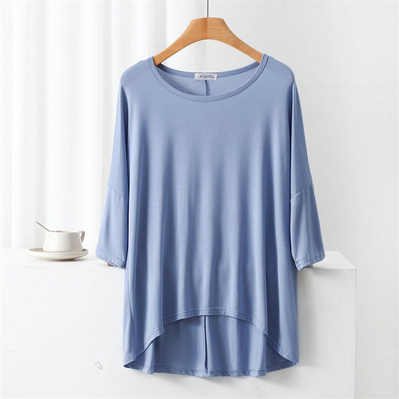 Summer Seven-Point Sleeve T-Shirt Women'S Modal Thin Front Short Rear Long Bat Sleeve Large Size Top Pullover Base - Image 1