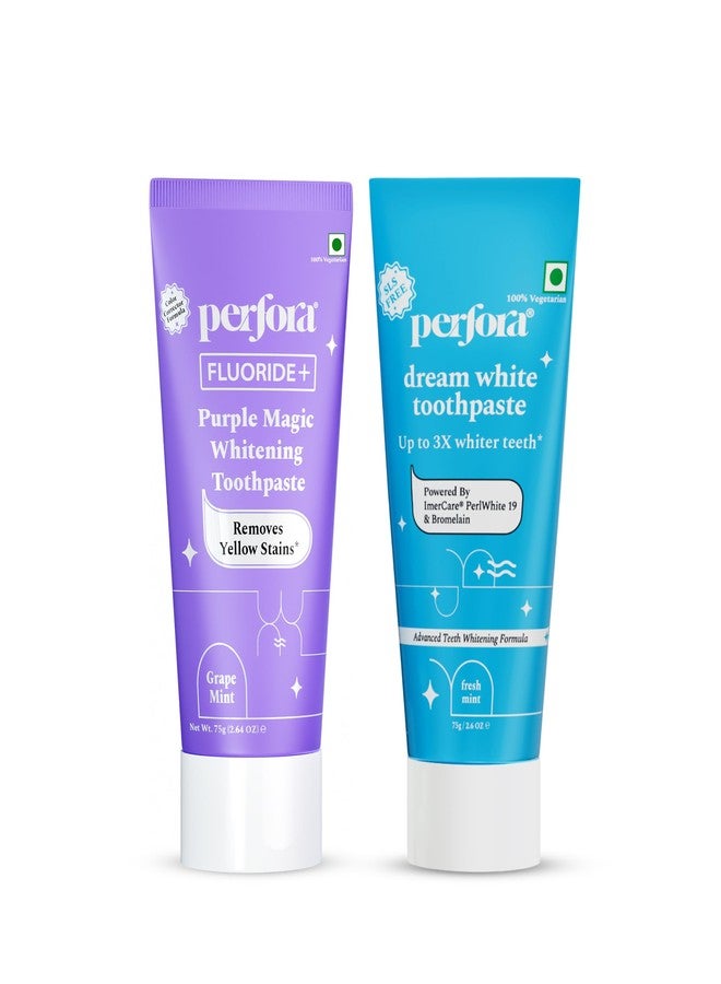 بيرفورا مجموعة بيرفورا لتبييض الأسنان - تُبيض الأسنان من أول استخدام | تركيبة آمنة على المينا وخالية من الحساسية للعناية بالفم وإزالة بقع الأسنان | معجون أسنان بنفسجي - 75 جم ومعجون أسنان دريم وايت - 75 جم - Image 1