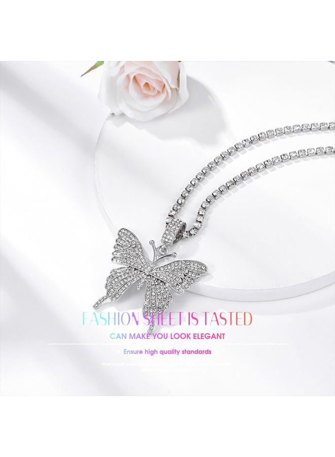 EARENT Butterfly Necklace Silver Rhinestone Choker Necklaces Christmas Costume New Year Eve Necklace for Women, free size, Metal, No Gemstone - Image 2