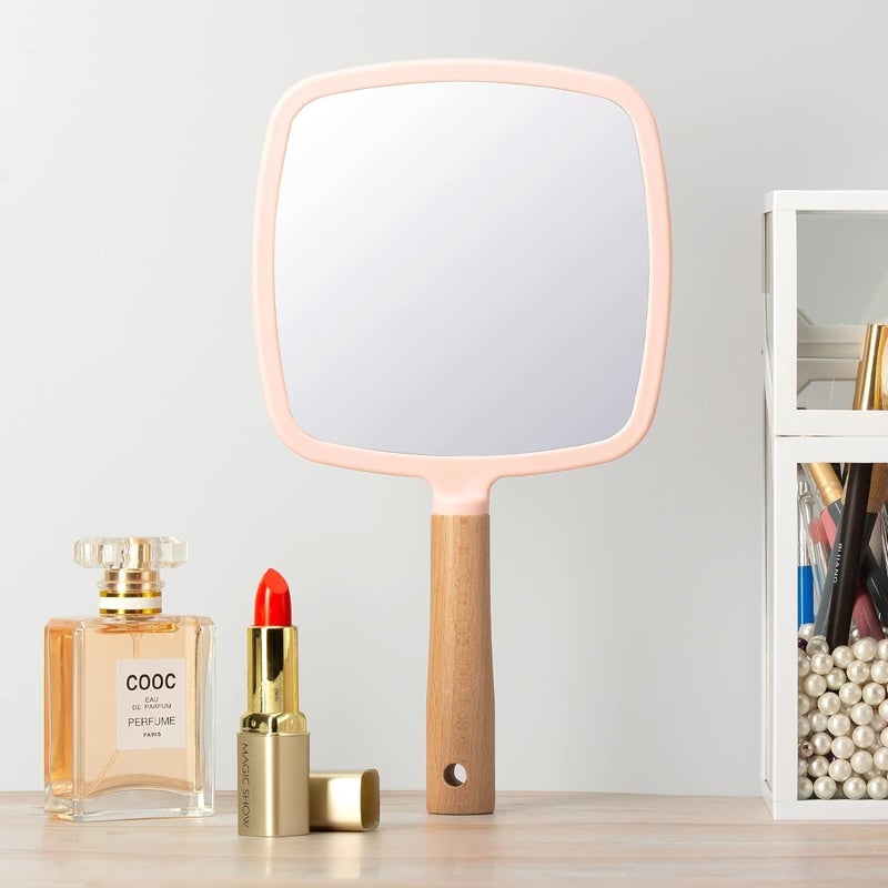 mythos MYTHOS Hand Held Mirror with Handle for Makeup Small Cute Wood Hand Mirror for Shaving with Single Side Hanging Hole Portable Travel Vanity Mirror for MenWomen Pink Square - Image 5