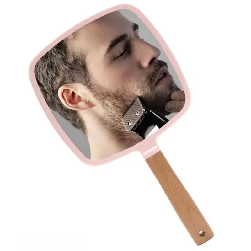 mythos MYTHOS Hand Held Mirror with Handle for Makeup Small Cute Wood Hand Mirror for Shaving with Single Side Hanging Hole Portable Travel Vanity Mirror for MenWomen Pink Square - Image 1