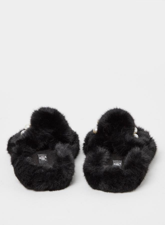 Closet Pearl Detail Faux Fur Bedroom Slippers - Image 5