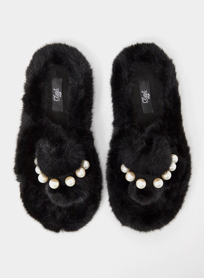 Closet Pearl Detail Faux Fur Bedroom Slippers - Image 3