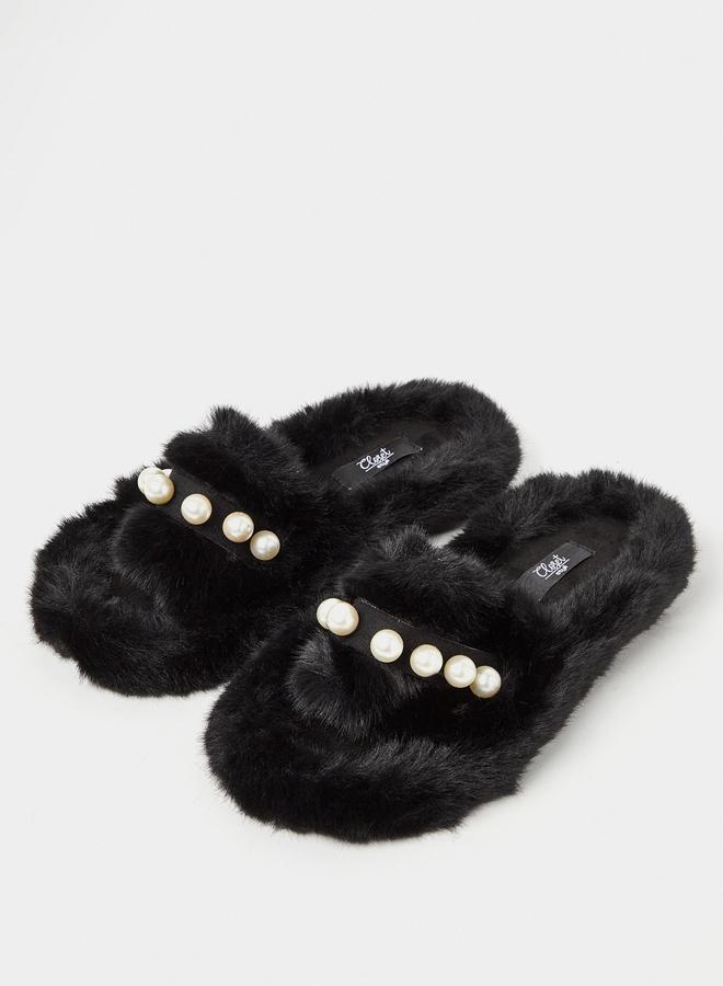 Closet Pearl Detail Faux Fur Bedroom Slippers - Image 4
