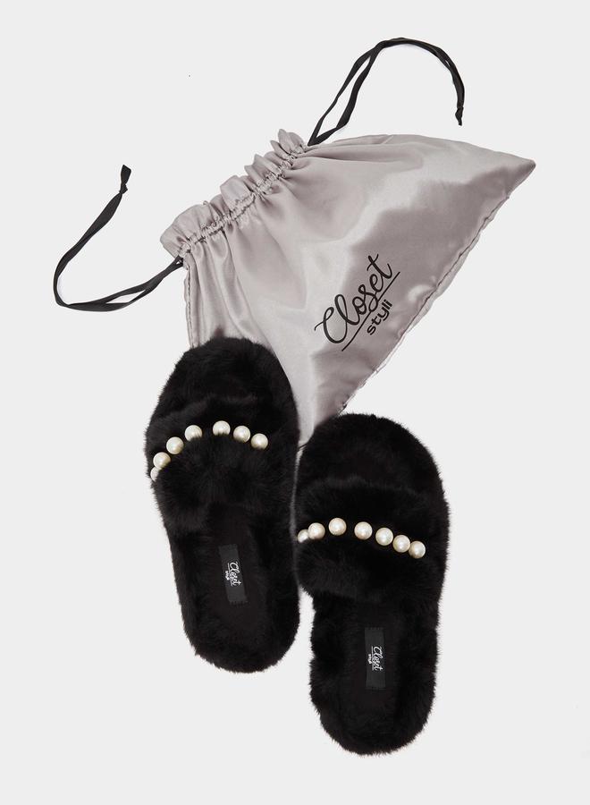 Closet Pearl Detail Faux Fur Bedroom Slippers - Image 1