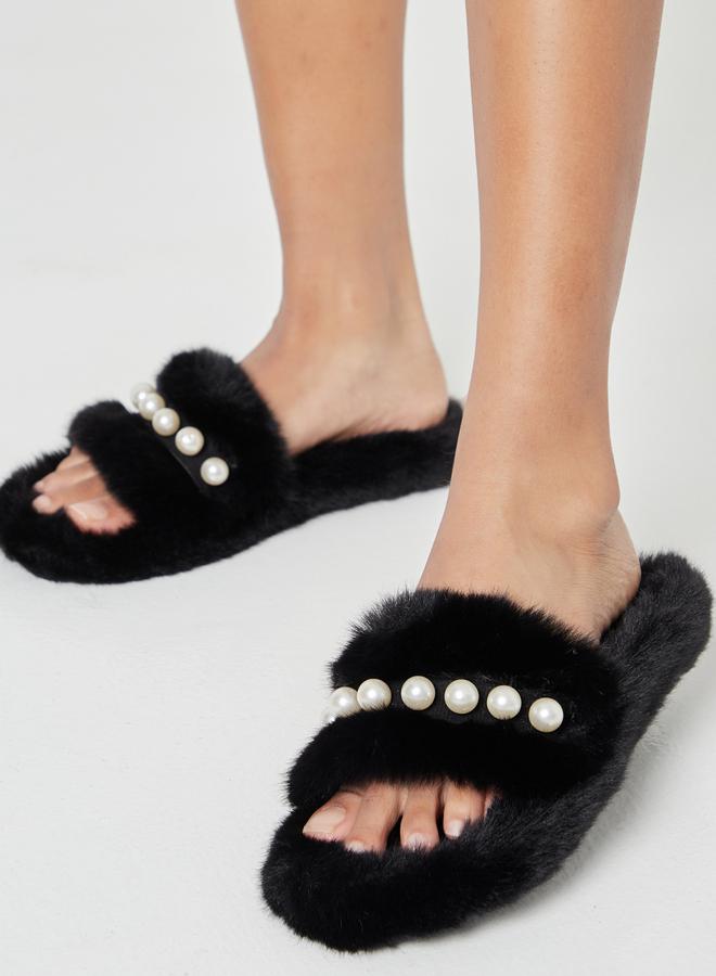Closet Pearl Detail Faux Fur Bedroom Slippers - Image 2