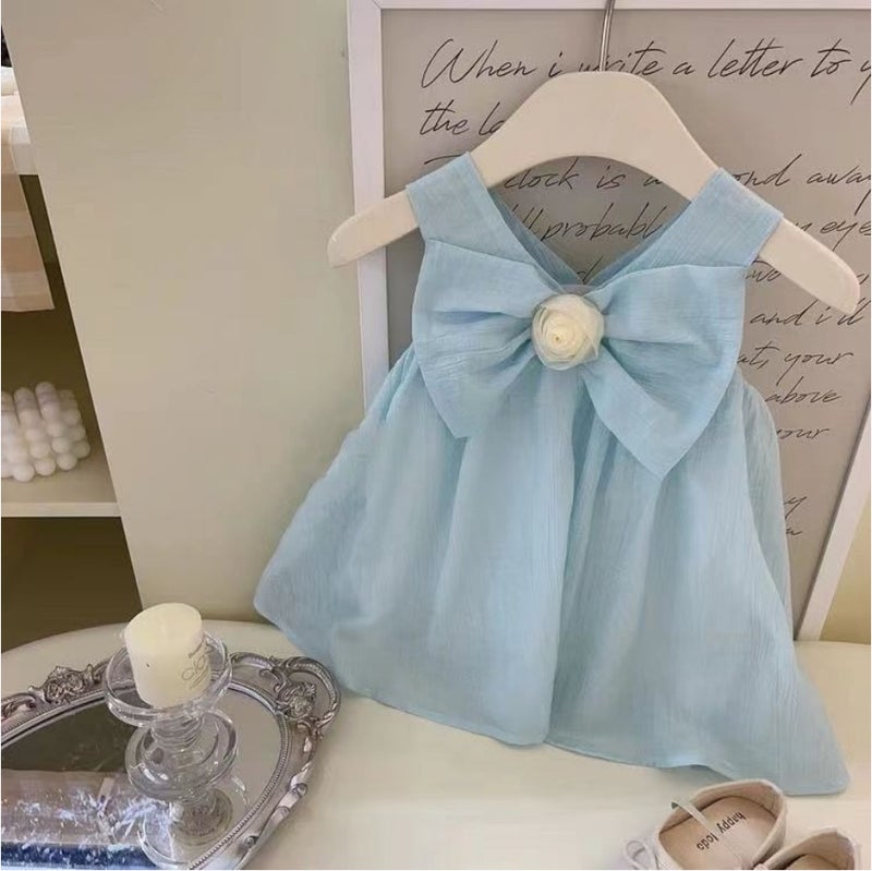 2024 Summer Baby Girl Dress Bow Vest Dress Girls Western Style Noble Princess Dress One Year Old Dress Blue Bow Princess Dress