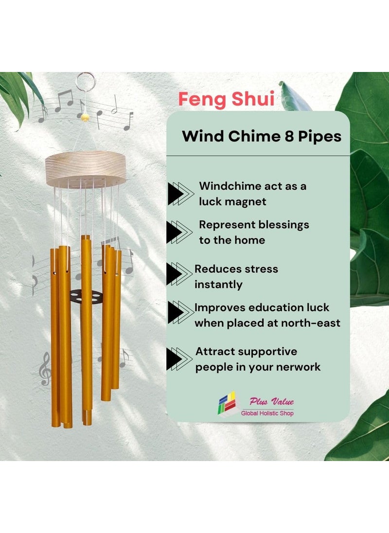 Plus Value Plus Value Feng Shui Wind Chime Hanging Bells 8 Pipes Rods for Attracting Positive Vibrations Energy Home Office Balcony Living Room Bedroom Garden Outdoors Aluminium Metal Gold Windchimes  - Image 3