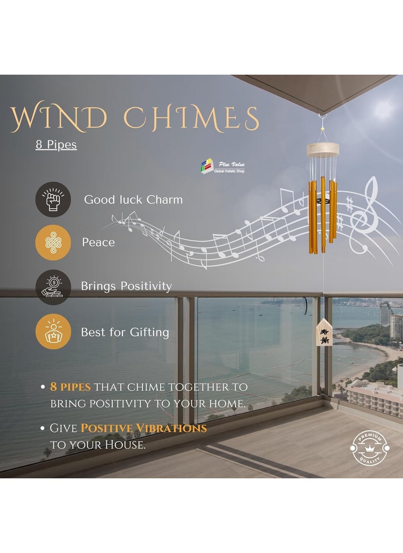 Plus Value Plus Value Feng Shui Wind Chime Hanging Bells 8 Pipes Rods for Attracting Positive Vibrations Energy Home Office Balcony Living Room Bedroom Garden Outdoors Aluminium Metal Gold Windchimes  - Image 4