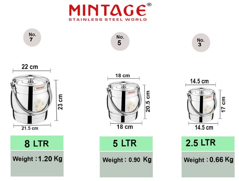 Mintage Milk Barni 2.5+5+8 litres Set of 3 | Oil Can | Heavy Body Pot Ghee Container | Stainless Steel with Lid | Storage Dolchi - Image 2