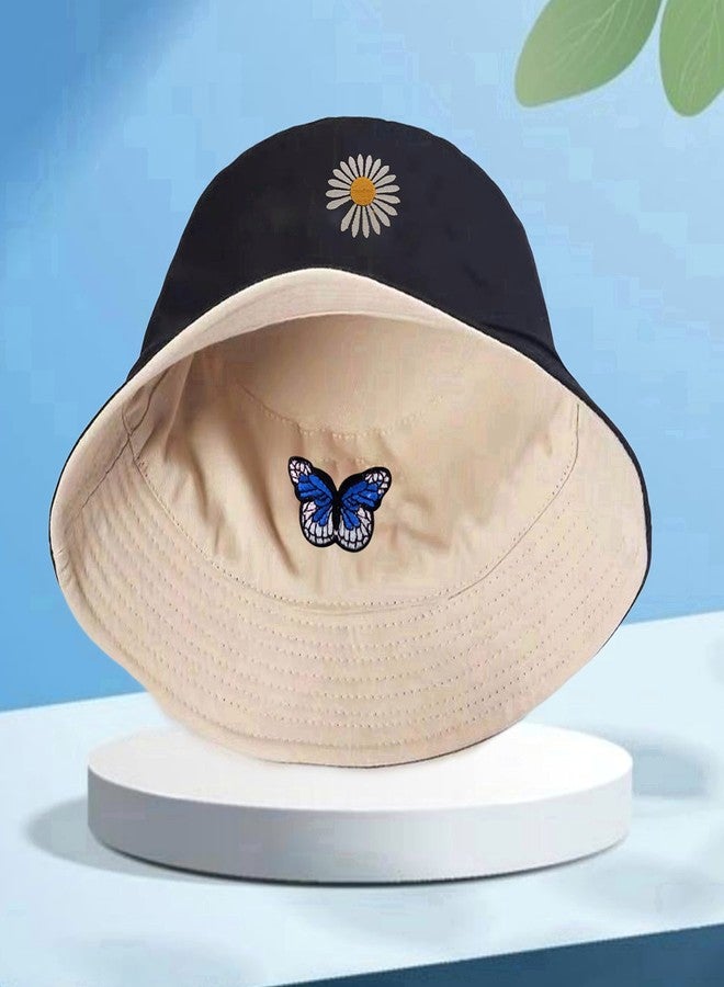 REFFER Unisex Daisy Butterfly Reversible Embroidered Foldable Cotton Bucket Hat For Women And Men Hat Beach Hat | Sun Hat | Traveling Hat (Beige Black), Free Size - Image 3