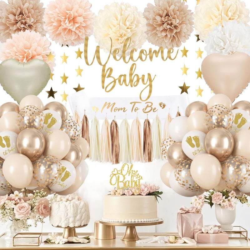 Aurasys Baby Shower DecorationsBeige Cream Boho Neutral BalloonsNeutral Gender Reveal Party Supplies Welcome Baby Banner Paper Pom Poms TasselsCake Topper Star Decor for Baby Shower Decorations - Image 2