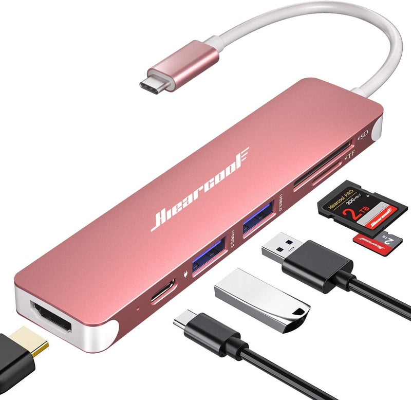 Hiearcool محور USB C، دونجل USB-C، محول 7 في 1 USBC إلى HDMI متوافق مع MacBook Dell Lenovo Asus Thunderbolt 3 Thunderbolt 4 محطة إرساء Type C (HDMI USB3.0 TF/SD PD) - وردي ذهبي - Image 1