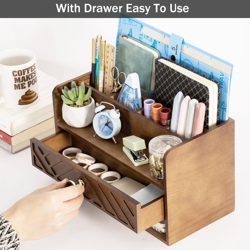 dreampossible Brown Wood Desk Organizer and Accessories with Drawer, Bill Mail Organizer and File Mail Holder for Office Supplies, Desk Accessories & Workspace Organizers - Image 3
