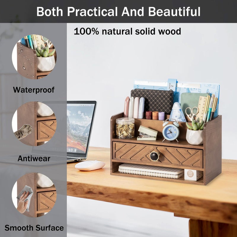 dreampossible Brown Wood Desk Organizer and Accessories with Drawer, Bill Mail Organizer and File Mail Holder for Office Supplies, Desk Accessories & Workspace Organizers - Image 2