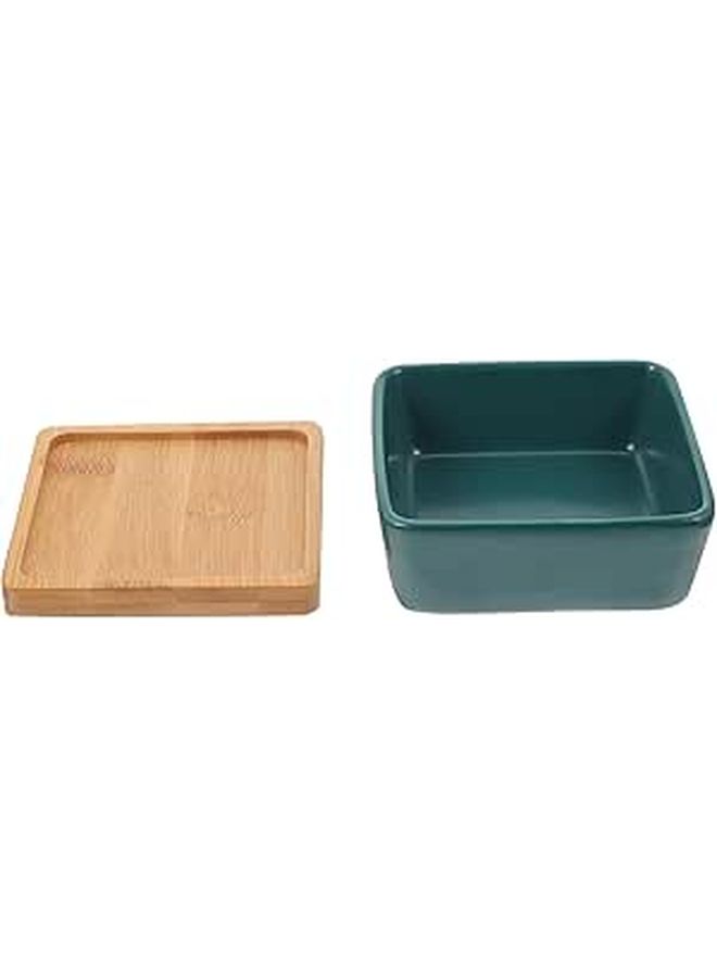 Luxshiny Ceramic Cat Bowl Set With Wooden Tray Square Green Pet Feeding Dish For Cats And Small Dogs 2pcs Floor Food And Water Bowl For Household Use - Image 1