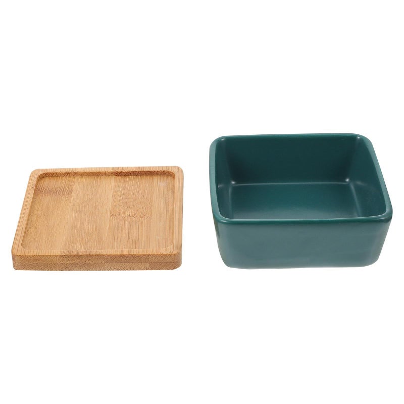 Luxshiny Ceramic Cat Bowl Set With Wooden Tray Square Green Pet Feeding Dish For Cats And Small Dogs 2pcs Floor Food And Water Bowl For Household Use - Image 2
