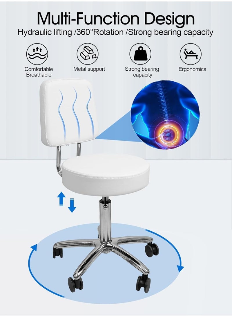 Meishida Multi-Functional Adjustable Swivel Stool chair with Back Support - Perfect for Home, Office, Garage, Spa salon Use - Durable, Comfortable, and Easy-to-Move with Smooth Rolling Wheels (White)  - Image 2