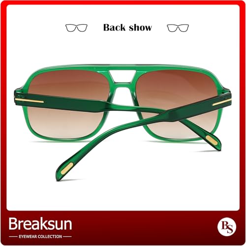 Breaksun Retro Aviator Sunglasses for Women Men Trendy Classic 70s Square Aviator Sun Glasses Vintage Shades (Green/Brown gradient) - Image 3