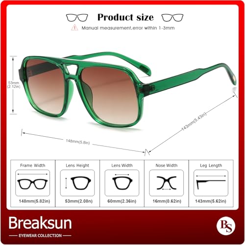 Breaksun Retro Aviator Sunglasses for Women Men Trendy Classic 70s Square Aviator Sun Glasses Vintage Shades (Green/Brown gradient) - Image 5