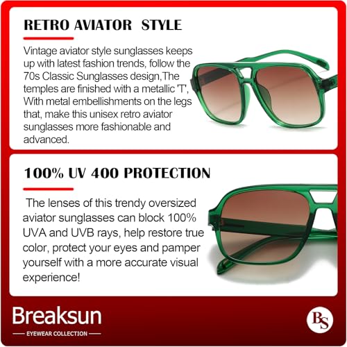 Breaksun Retro Aviator Sunglasses for Women Men Trendy Classic 70s Square Aviator Sun Glasses Vintage Shades (Green/Brown gradient) - Image 4