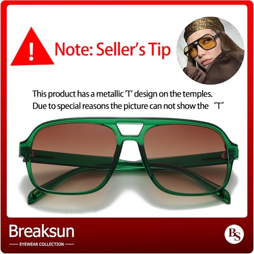 Breaksun Retro Aviator Sunglasses for Women Men Trendy Classic 70s Square Aviator Sun Glasses Vintage Shades (Green/Brown gradient) - Image 2