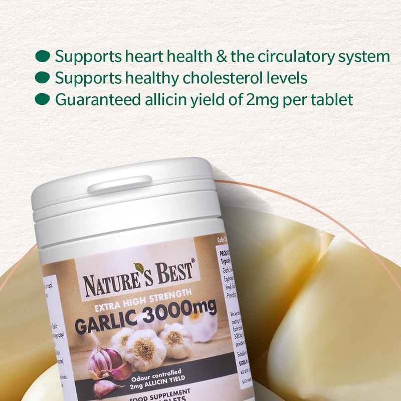 Natures Best Garlic Tablets 3000mg High Strength Rich in Allicin Taste Controlled Odthisless Equivalent to 3000mg of Fresh Garlic UK Made 180 Tablets 6 Months Supply - Image 2